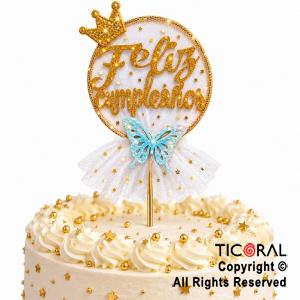 CAKE TOPPER FELIZ CUMPLEA�OS CIRCULO ORO CON TUL BLANCO